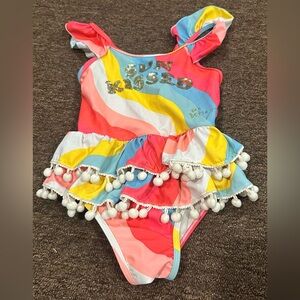EUC Girls Sun-kissed 6  Ruffle Swimsuit Betsy Johnson Pom Pom l 1pc bathing